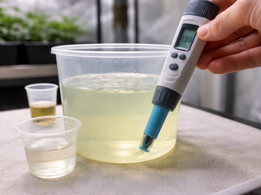 Handheld pH/EC meter testing pale nutrient solution in a mixing container on a bench.