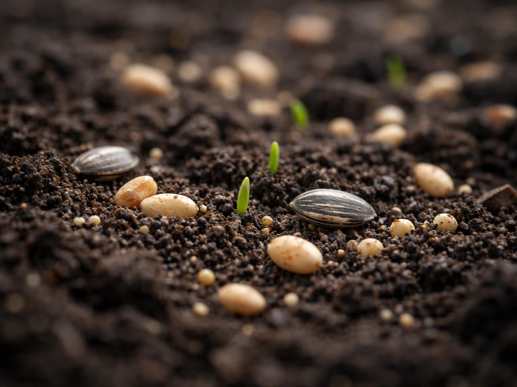 Close-up of wild bird seed grains on dark soil with a few tiny green sprouts emerging.