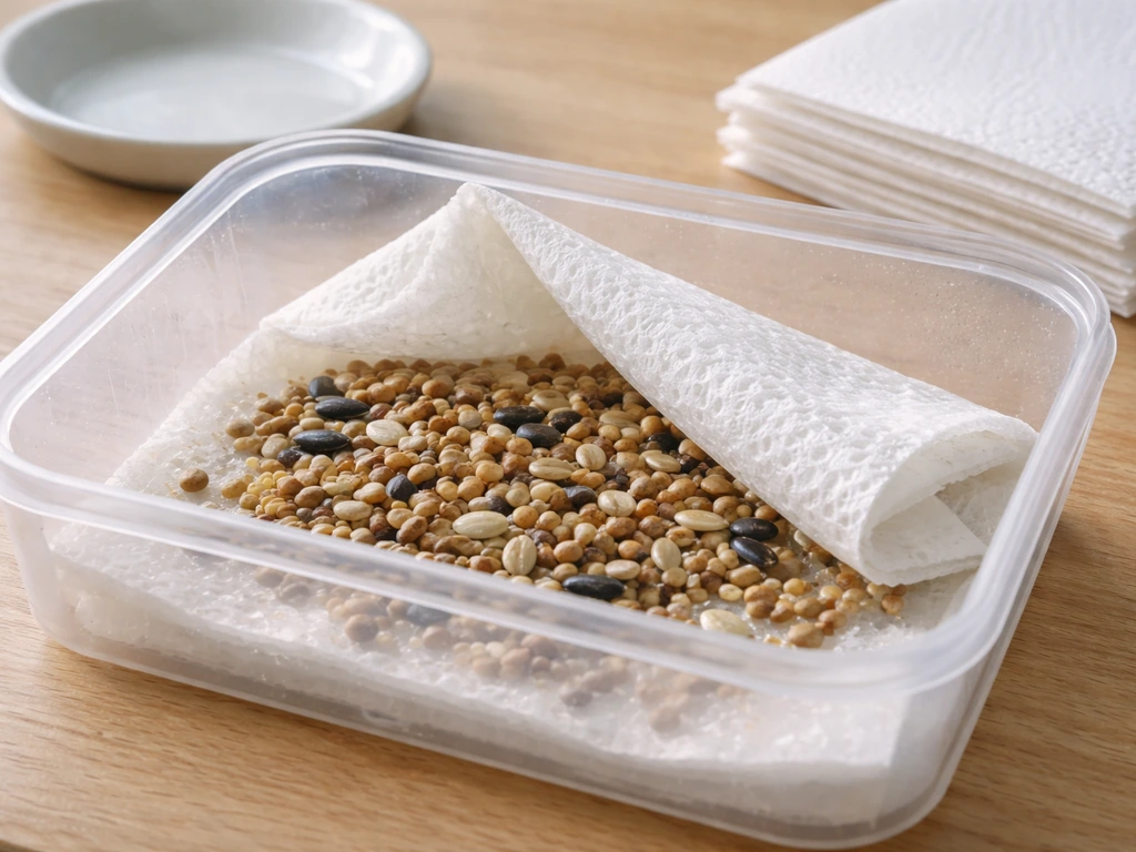 Wild bird seeds on a damp paper towel in a clear container for a simple germination test.