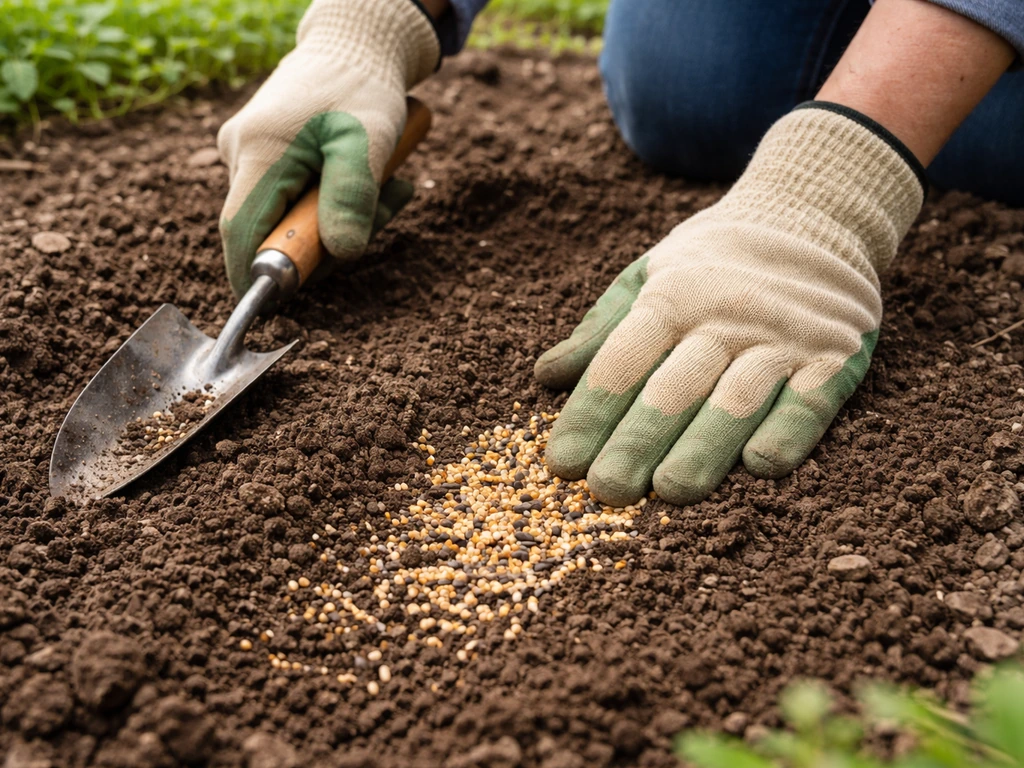 Gloved hands loosen soil and lightly press scattered wild bird seed into a prepared garden bed.