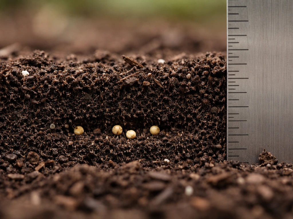 Close-up cross-section of small birdseed being covered with soil to about 1/4–1/2 inch depth