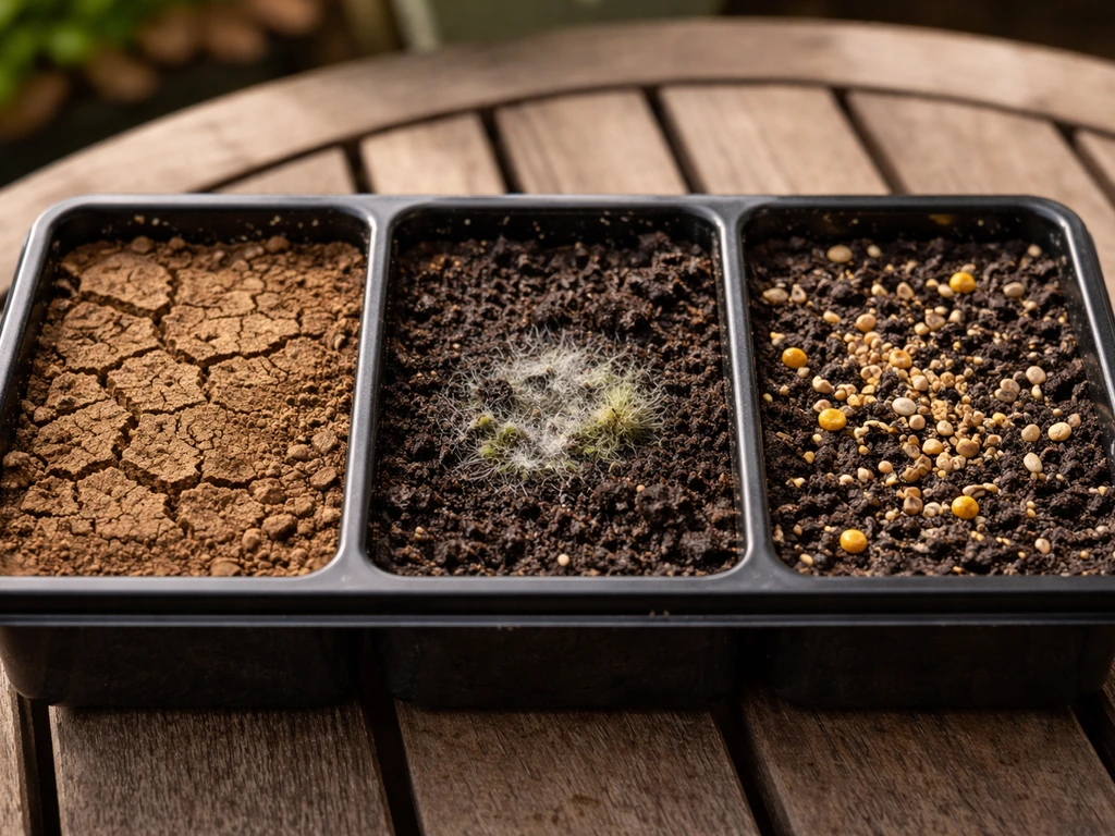 Close-up of planter soil showing dry, moldy, and uneaten seed sections with no sprouts.