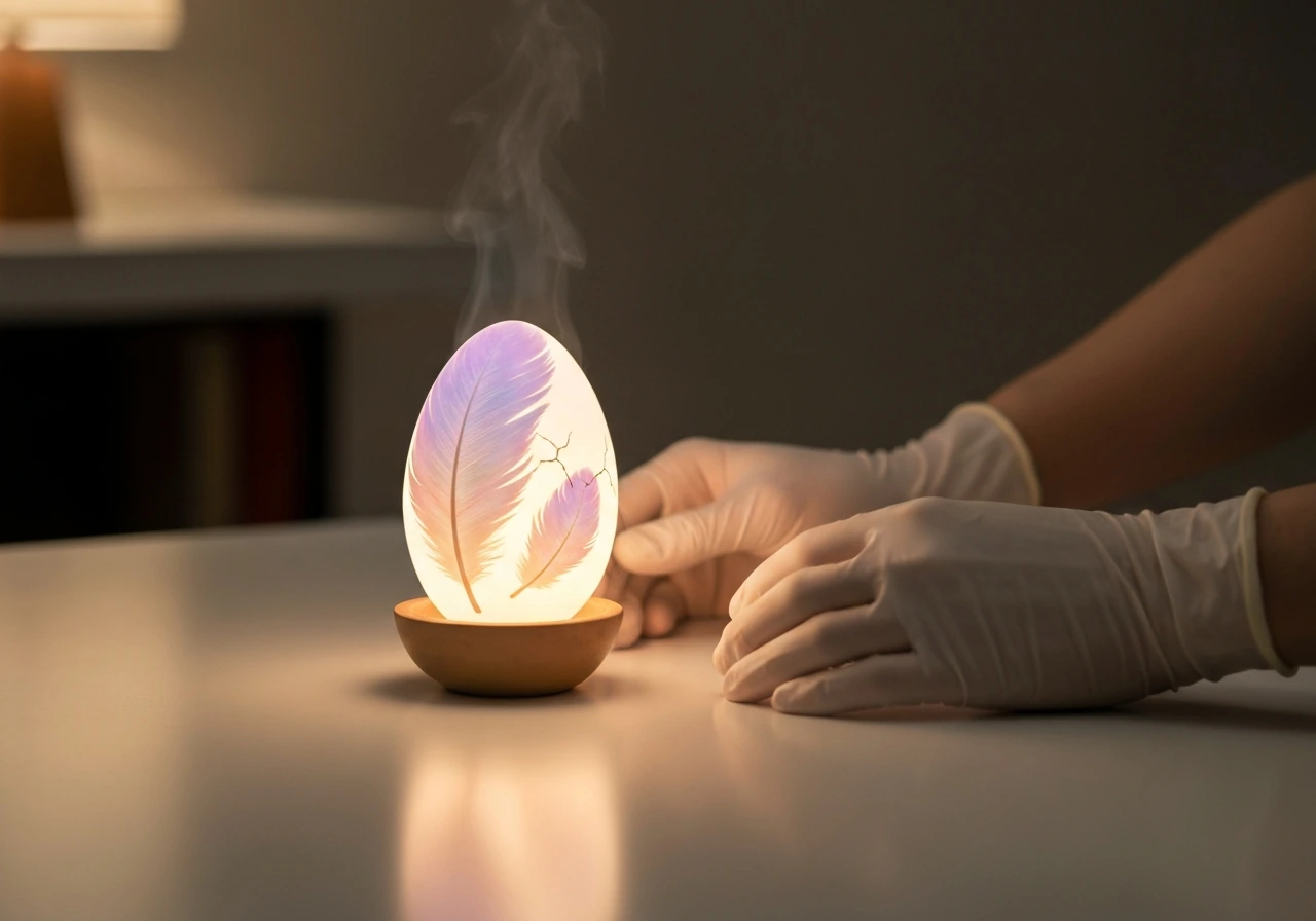 Ornate pastel Paradise Egg resting in a simple incubator as hands prepare it for hatching.