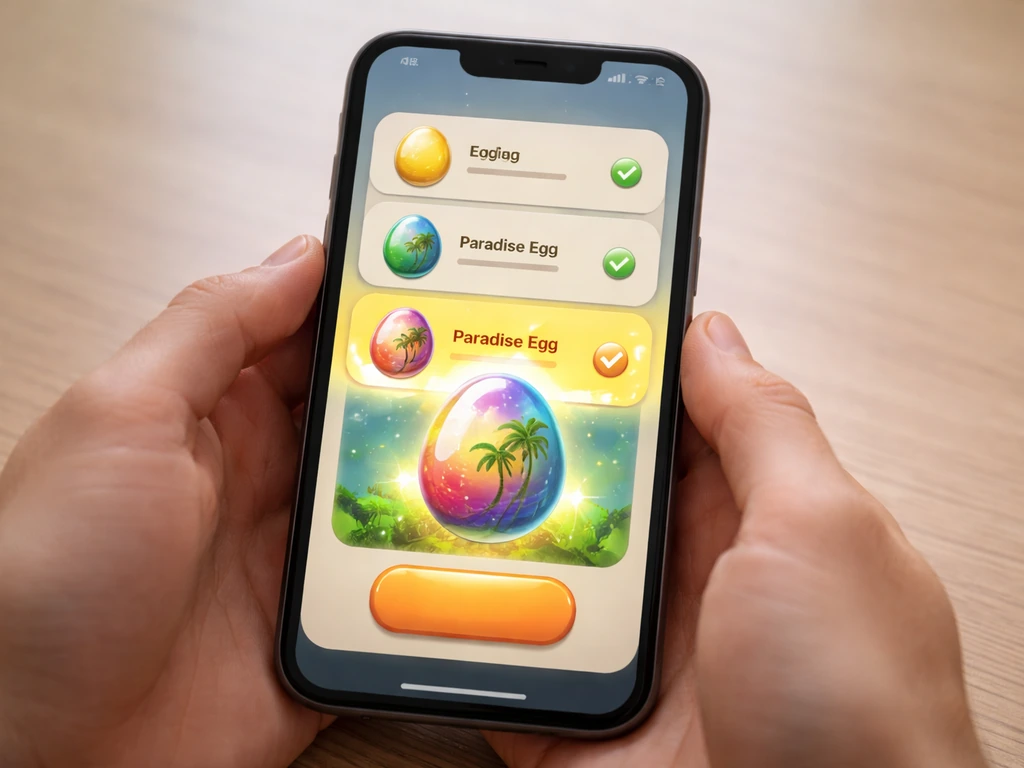 Close-up smartphone screen showing Paradise Egg selected for hatching, hands holding the phone.