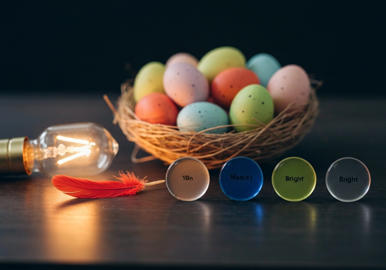 Minimal photo of pastel eggs and three color-gradated tokens suggesting increasing hatch likelihood.