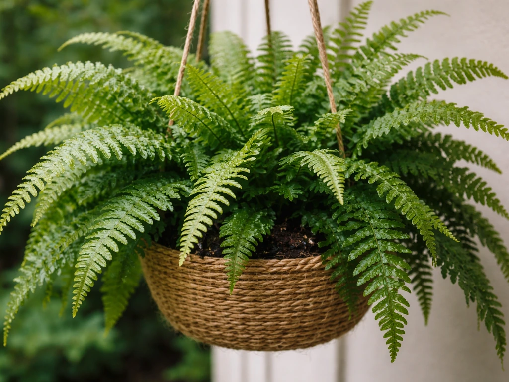 Lush Boston fern in a hanging pot in soft shade, suggesting gentle fertilizing care