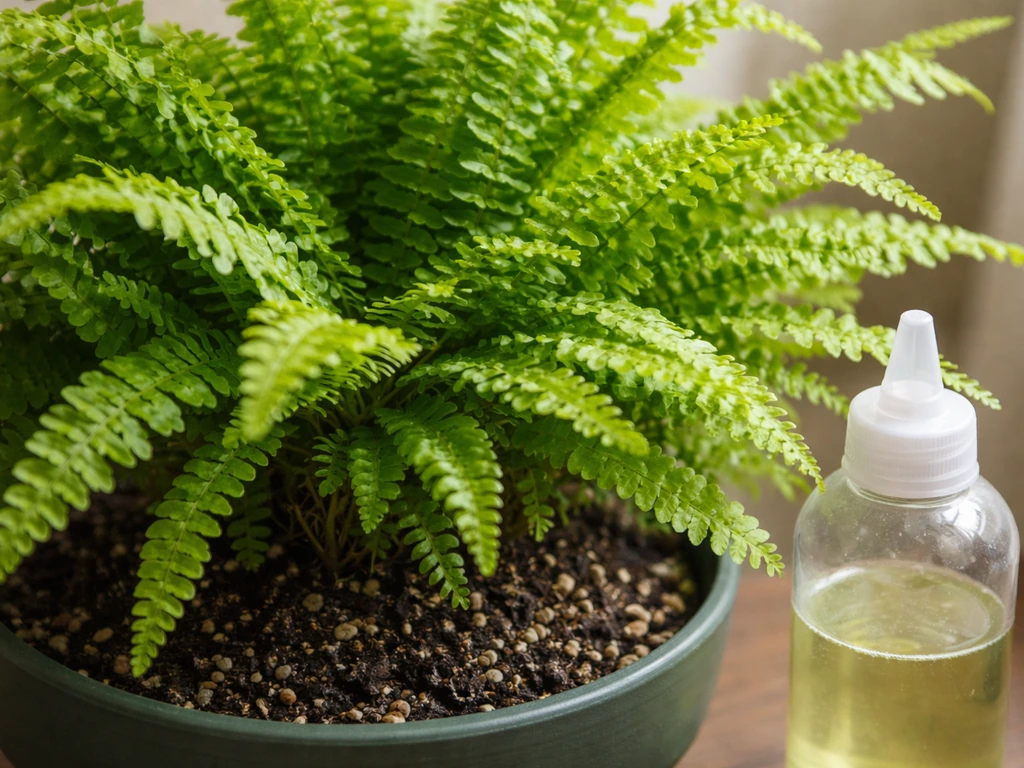 Close-up Boston fern with healthy fronds beside a blurred diluted liquid fertilizer bottle.