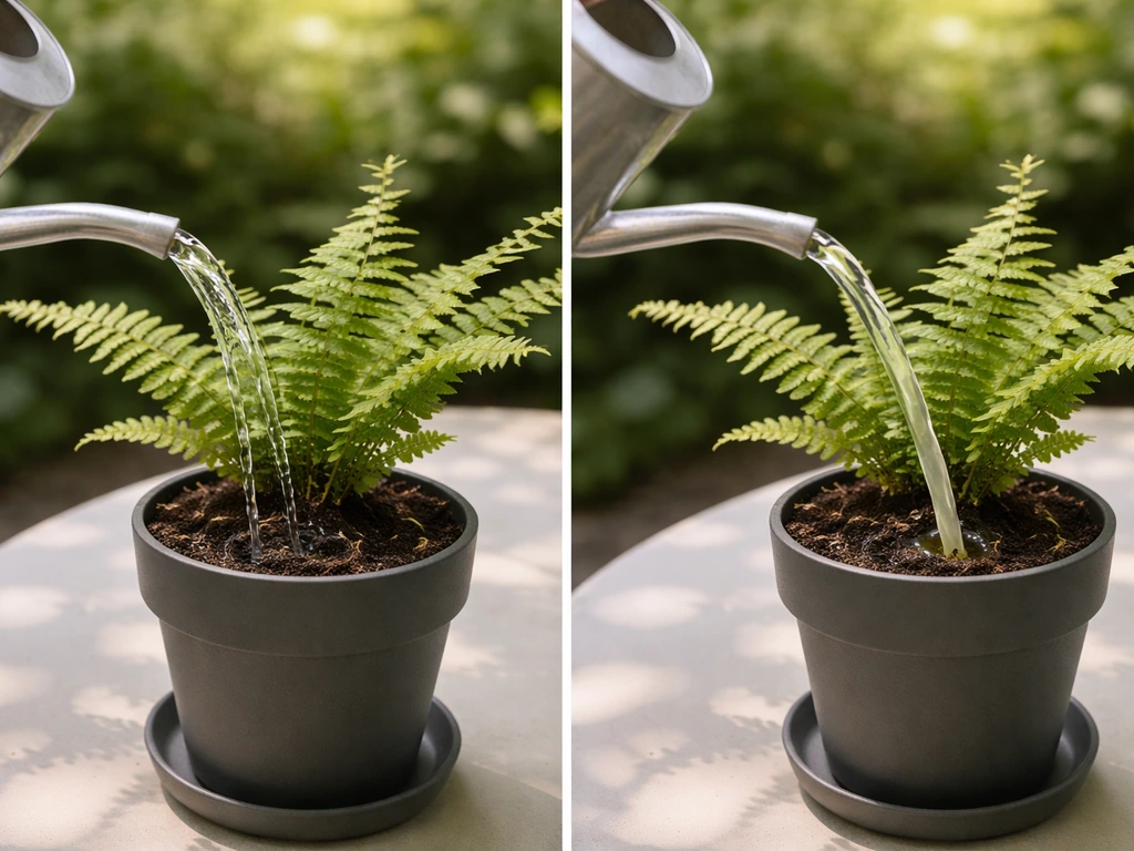 Close-up of a potted fern being watered first, then a diluted liquid fertilizer poured into the soil.