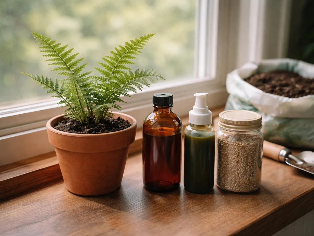 Fern in a terracotta pot with fish emulsion, liquid seaweed, and organic fertilizer beside potting tools.