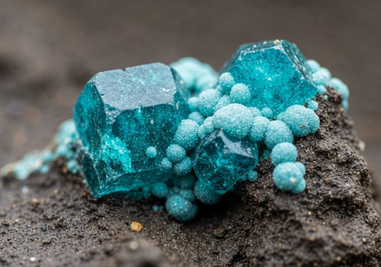 Vivid blue-green vivianite crystals clustered in waterlogged iron-phosphate-rich sediment