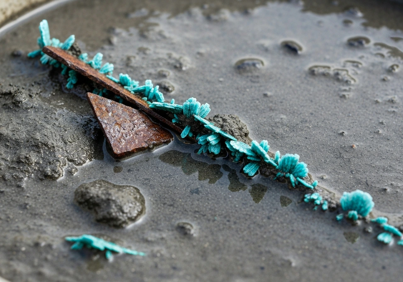 Vivianite-like blue mineral crystals forming in dark, wet low-oxygen sediment near rusted iron fragments