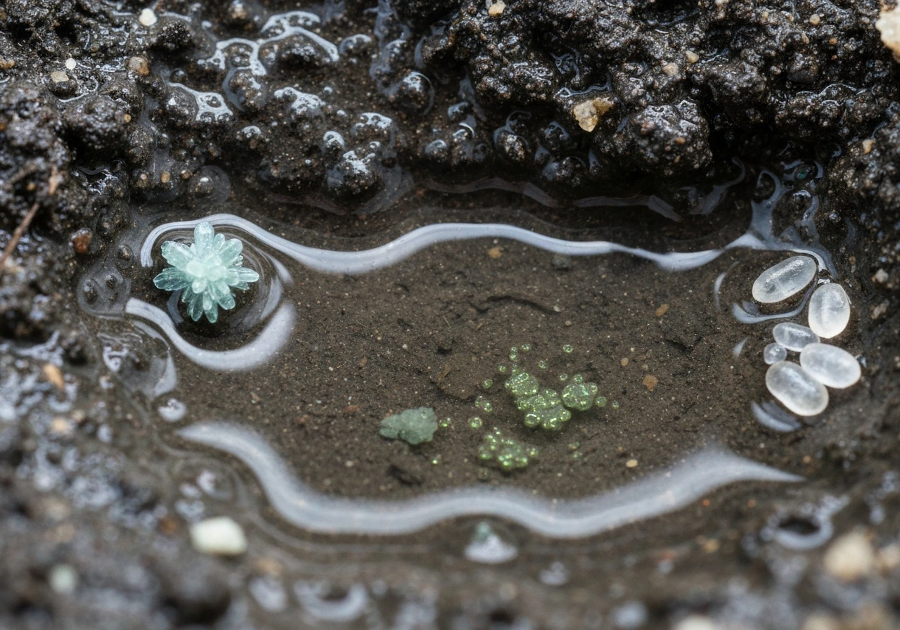 Minimal scene showing three key vivianite formation conditions: an anoxic wet soil pocket with iron-rich water and phosp