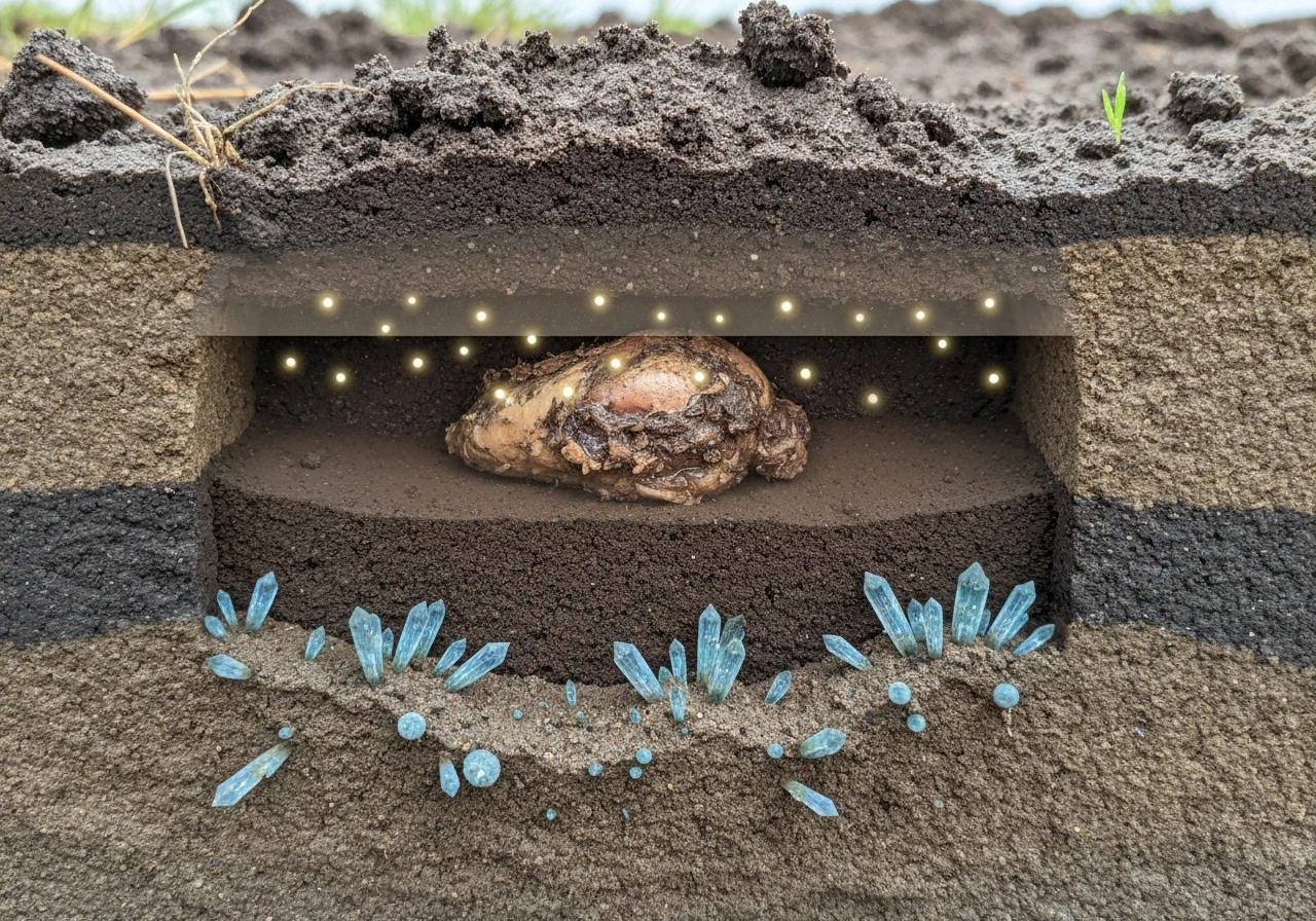Cross-section style scene of a buried wet organic mass releasing phosphate in low-oxygen soil, forming blue-green vivian