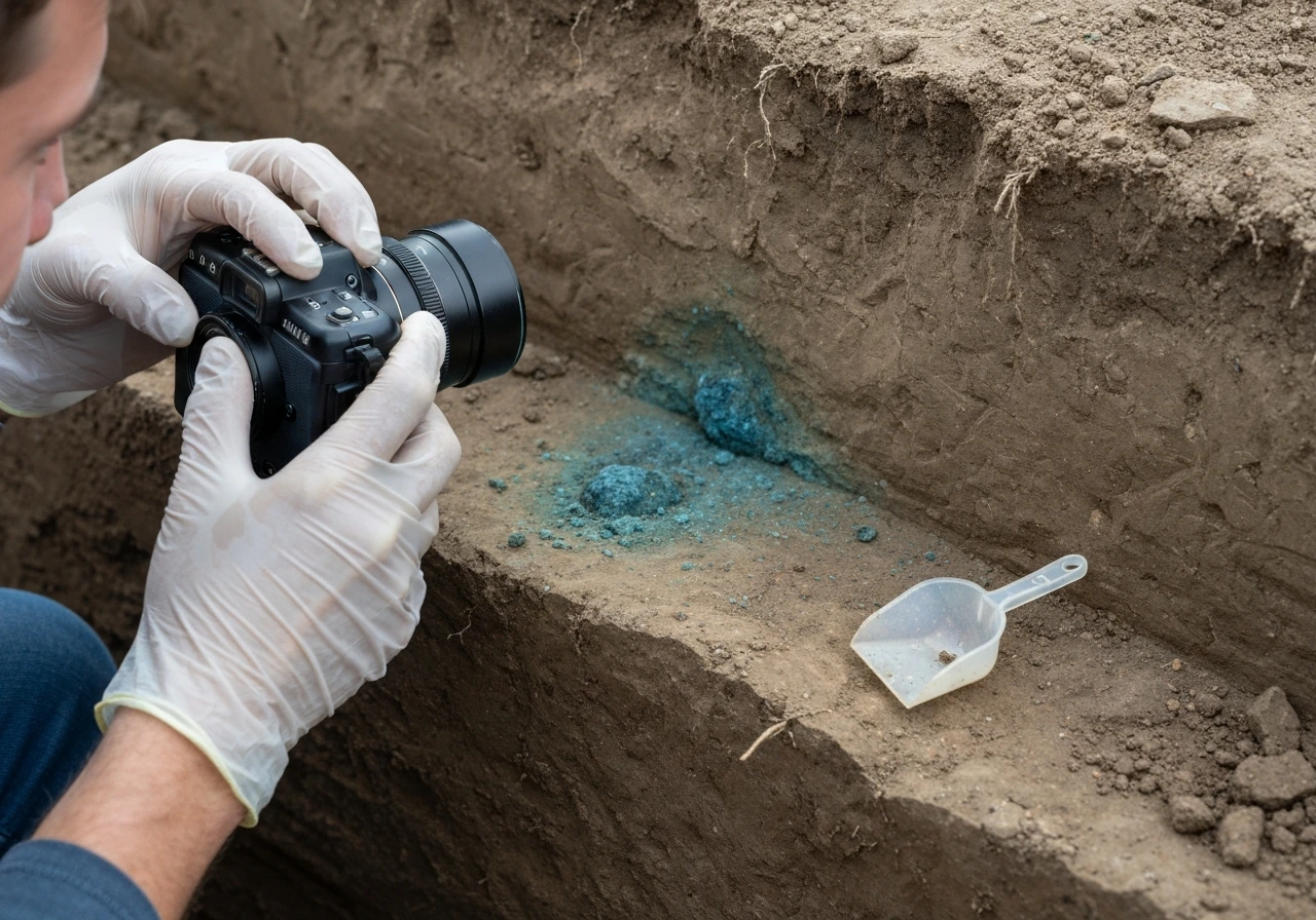 Gloved archaeologist photographing a dark blue-green mineral deposit in a soil trench without disturbing it.