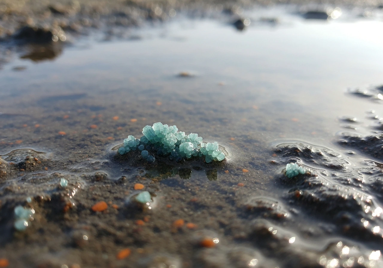 Close-up of bluish-green vivianite crystals on wet iron-rich sediment in dim natural light