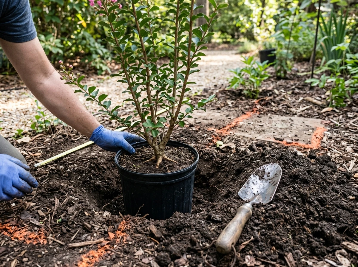 Crepe myrtle planted at proper depth with root flare aligned to soil level.