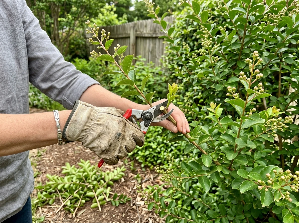 Pruning a crepe myrtle branch with bypass pruners to encourage new bloom growth.