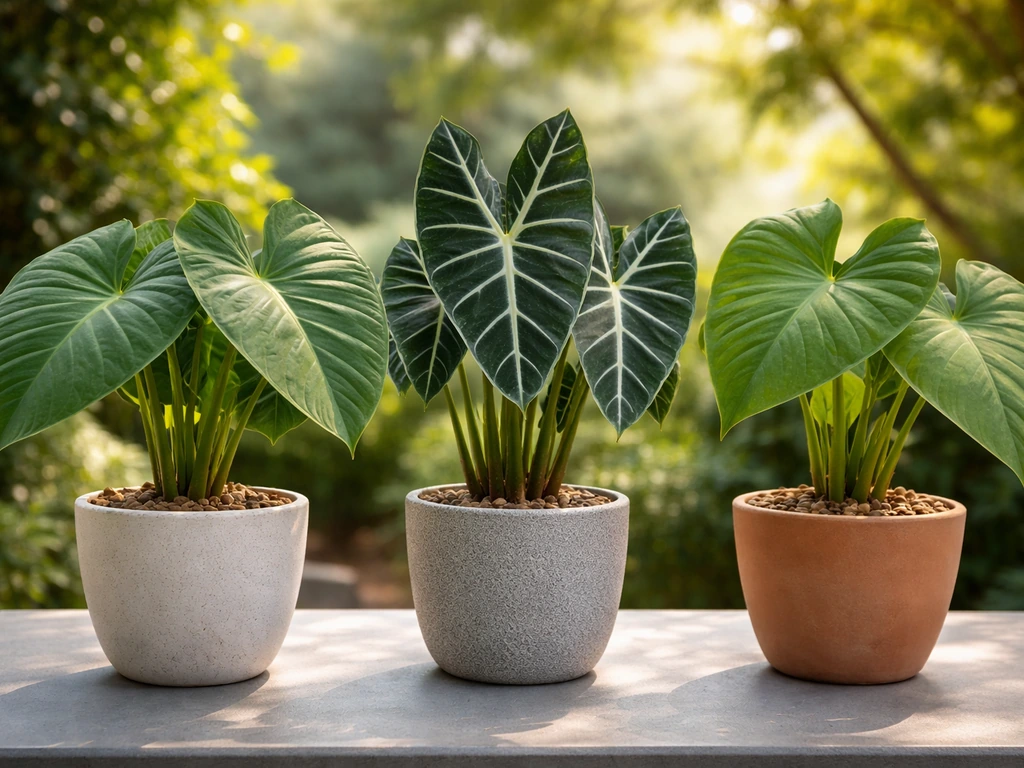 Three potted elephant ear plants showing different leaf shapes in sun and shade on a patio.