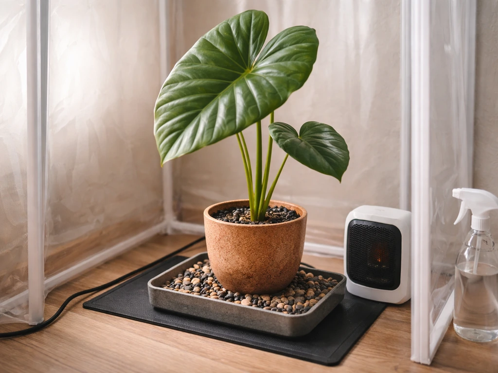 Elephant ear plant with heat mat and pebble humidity tray to maintain warm, humid growing conditions.