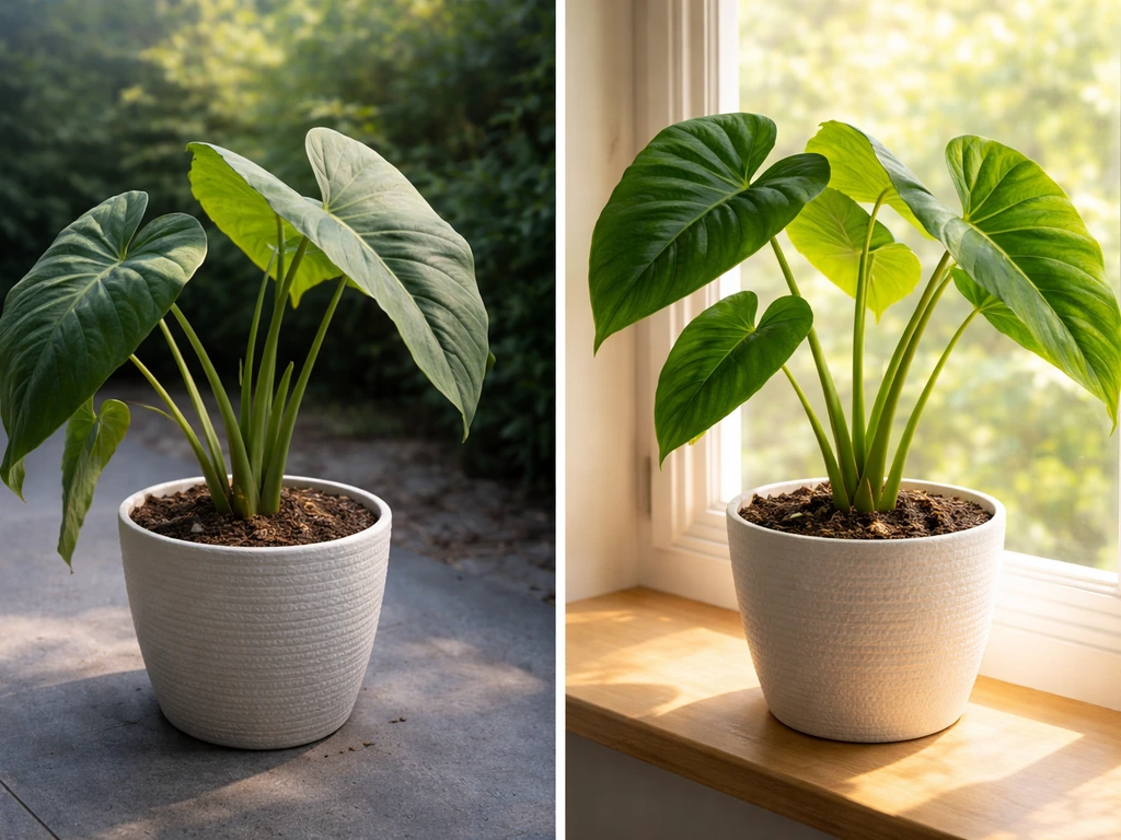 Two elephant ear plants side-by-side: one drooping in cool shade, one thriving in warm bright light.