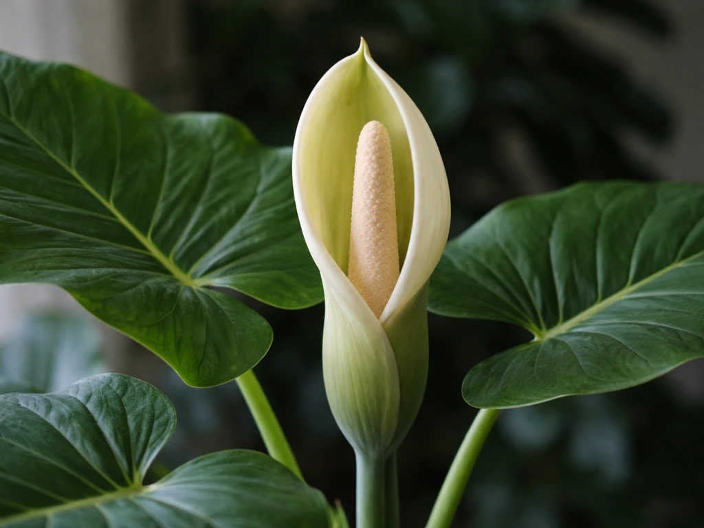 Close-up of a mature elephant ear plant with a spadix emerging from a hooded flower spathe.