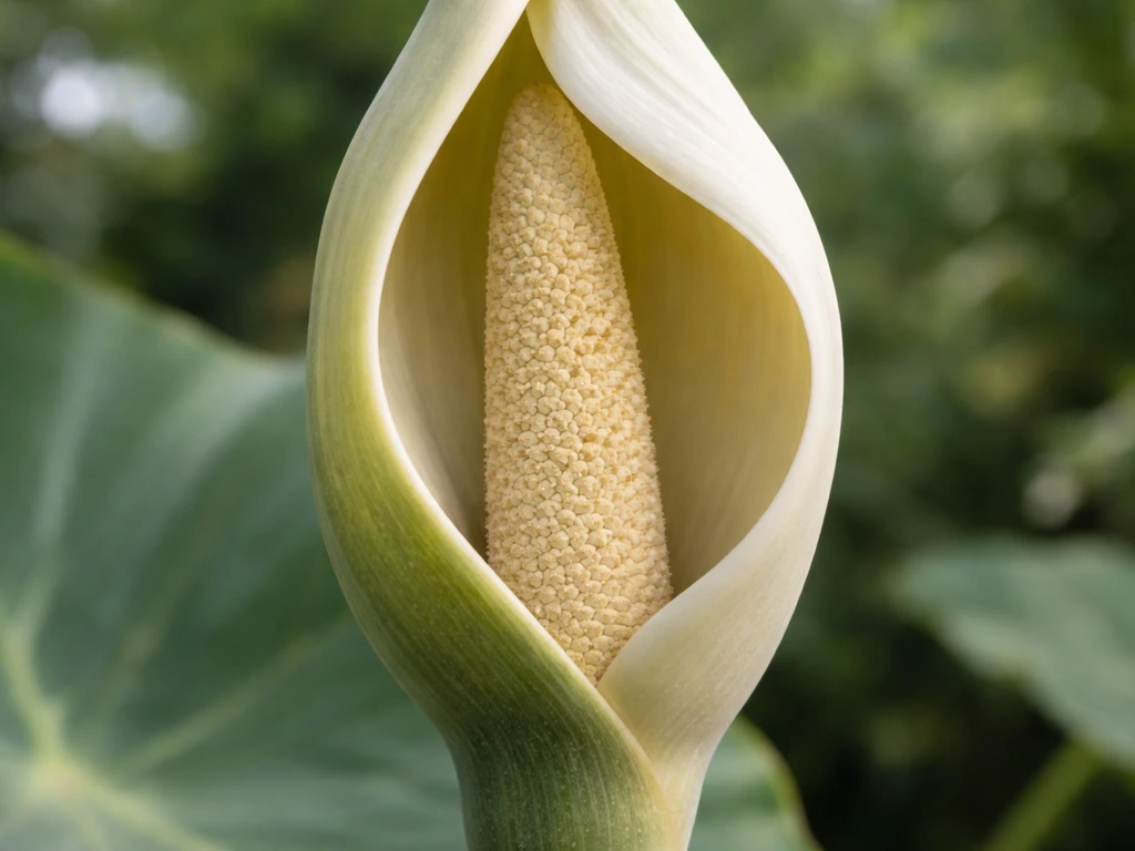 Close-up of elephant ear aroid bloom showing spadix inside a hooded spathe