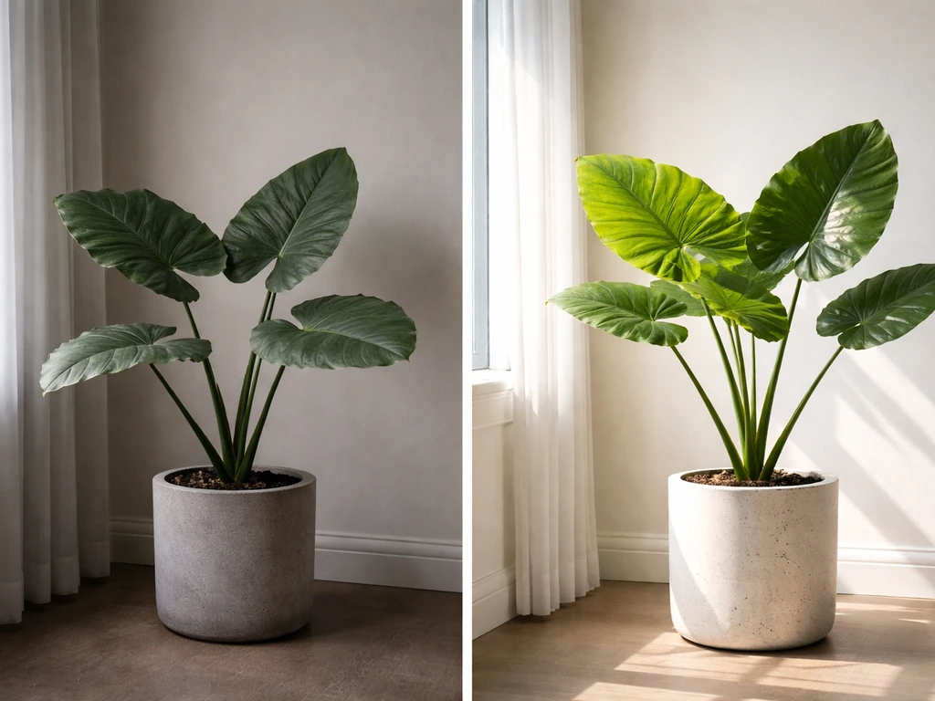 Two potted elephant ear plants indoors: one near a shaded window looks dull, one in brighter light looks healthier.