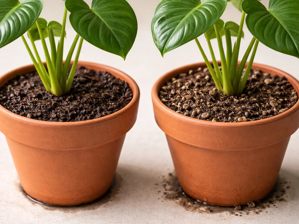 Two close-up potted elephant ear plants showing moist vs well-draining soil conditions side by side
