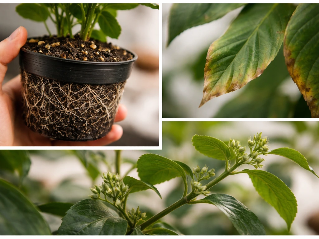 Three close-up scenes: plant roots in a pot, leaf stress, and a mature plant with new growth potential.