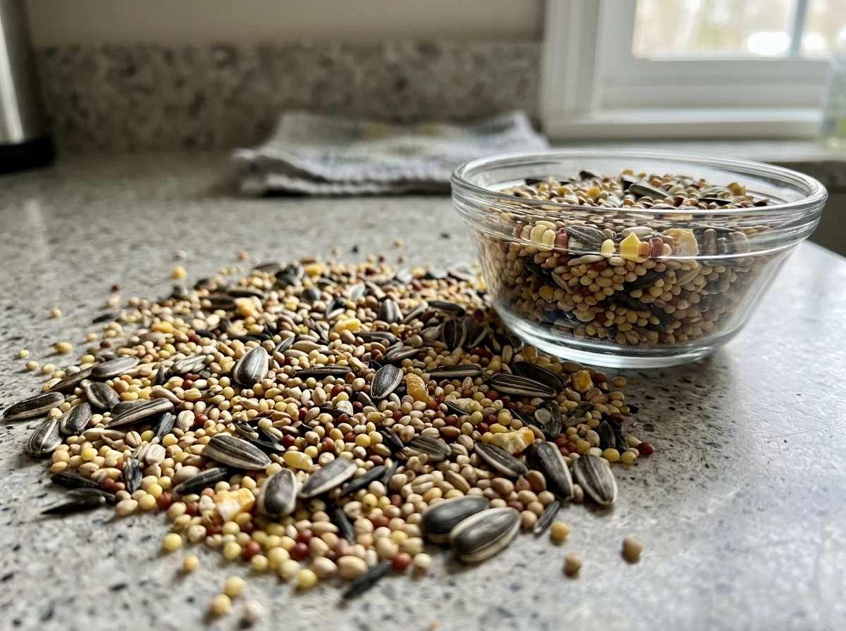 Mixed wild bird seed showing different seed types and sizes, including in-shell sunflower