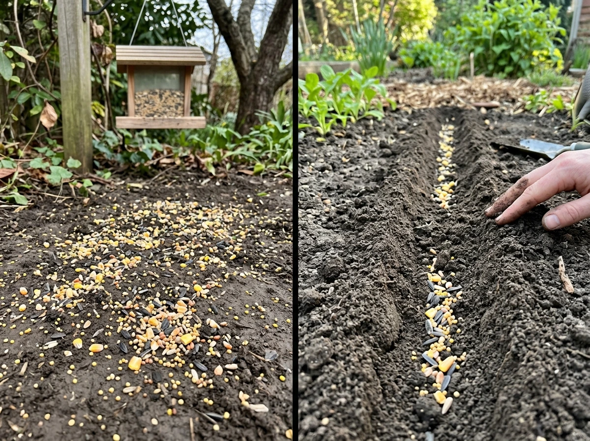 Bird seed scattered on bare soil versus planted in proper soil for comparison