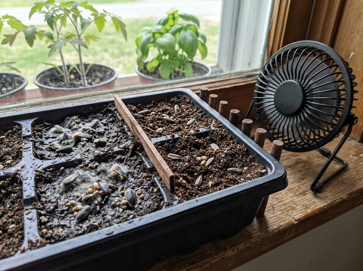 Moldy, fuzzy bird seeds indicating overwatering and poor airflow
