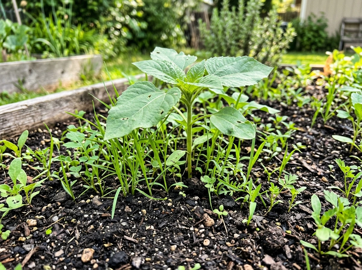 Young seedlings growing from planted bird seed in a garden bed