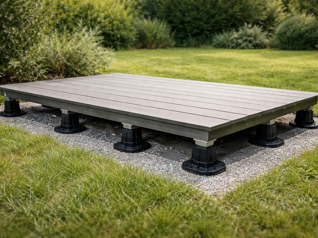 Terrasse sur herbe sur plots réglables, l’espace ventilé sous les dalles est visible dans un jardin.