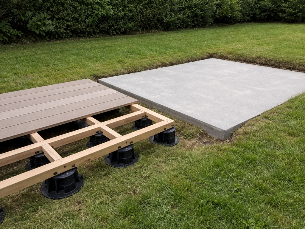 Terrasse sur plots réglables et pelouse avec dalle coulée, montrant la différence de principe.