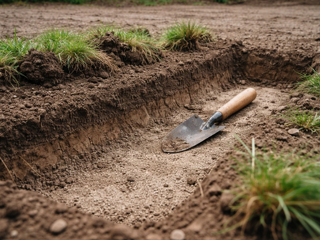 Décaissement au sol : terre végétale retirée, profondeur d’environ 10 à 20 cm, base nettoyée d’herbe.