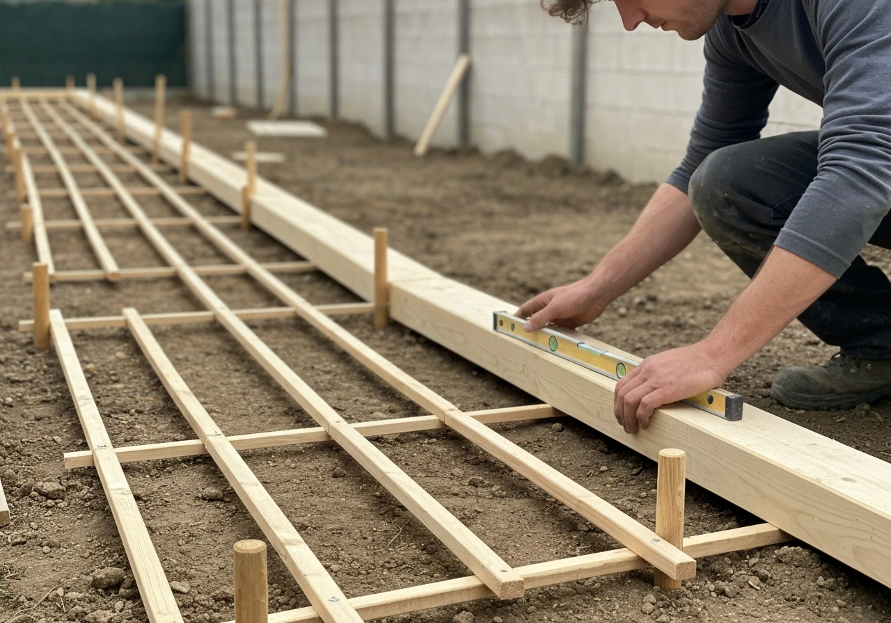 Piquets et ficelle au sol pour tracer l’implantation, premier plot d’angle mis à niveau sur chantier