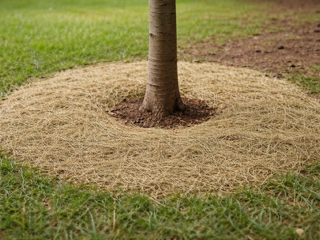 Arbre en pleine terre avec collet visible, sol paillé de tonte d’herbe sèche au pied
