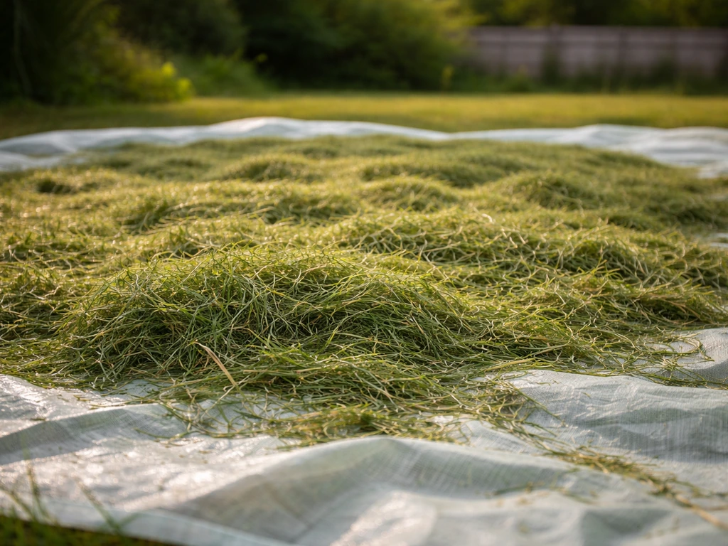 Herbe tondue étalée en fine couche sur une bâche agricole, en train de sécher.