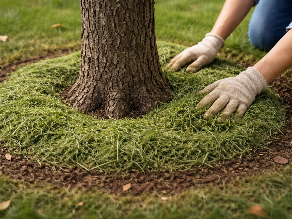 Herbe tondue posée en paillis au pied d’un arbre, collet dégagé et couche régulière autour du tronc.