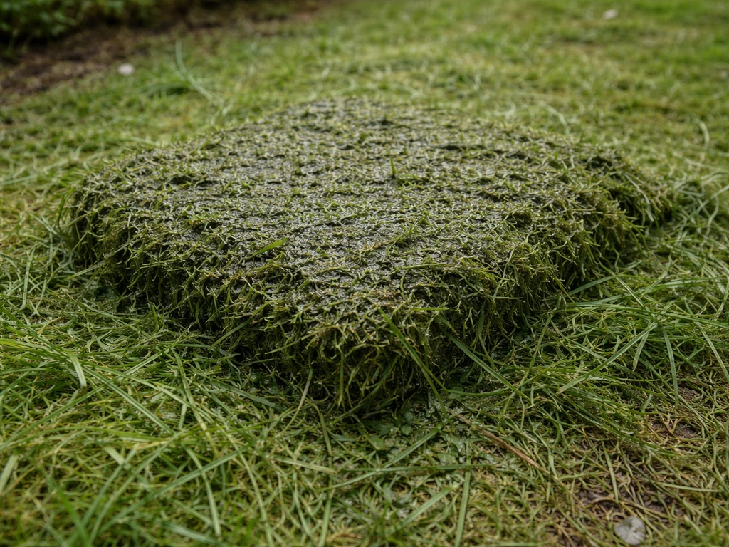 Tas d’herbe trop épaisse avec croûte sombre et aspect humide, illustrant un feutrage imperméabilisant.