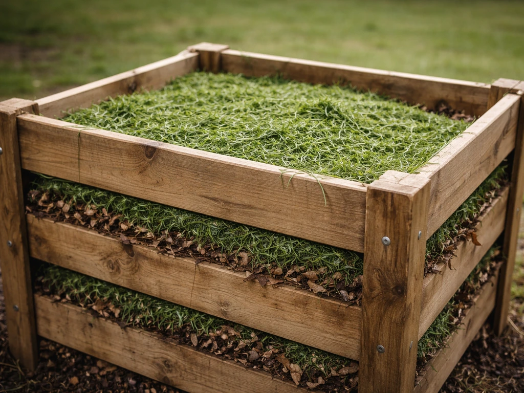 Composteur de jardin avec de l’herbe fraîche déposée en couches fines