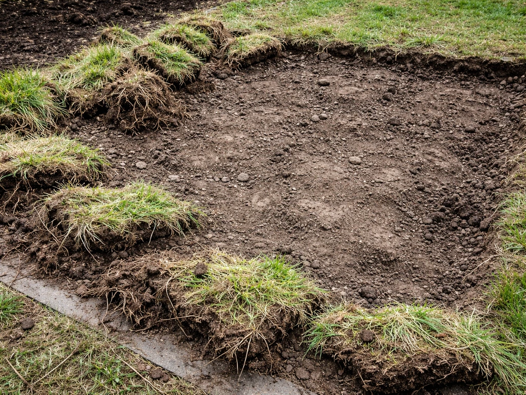 Pelouse arrachée et racines visibles sur le sol, après tonte rase, préparation avant pose de gravier.
