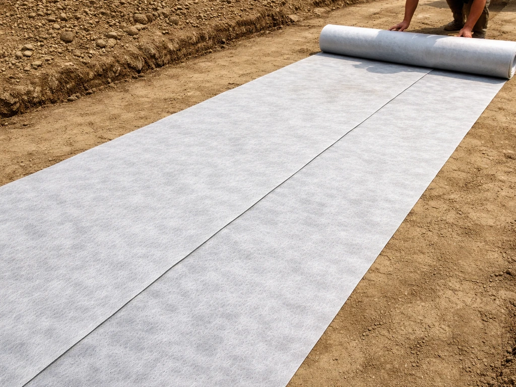 Pose d’un géotextile sur un sol décapé et compacté, avec les lés chevauchés nettement visibles.