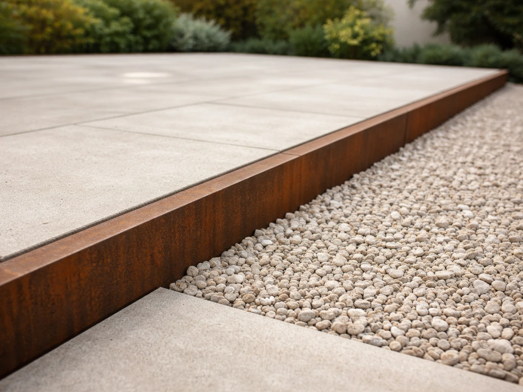 Bordure en acier corten posée au pourtour d’une terrasse, contenant proprement le gravier dans un jardin.