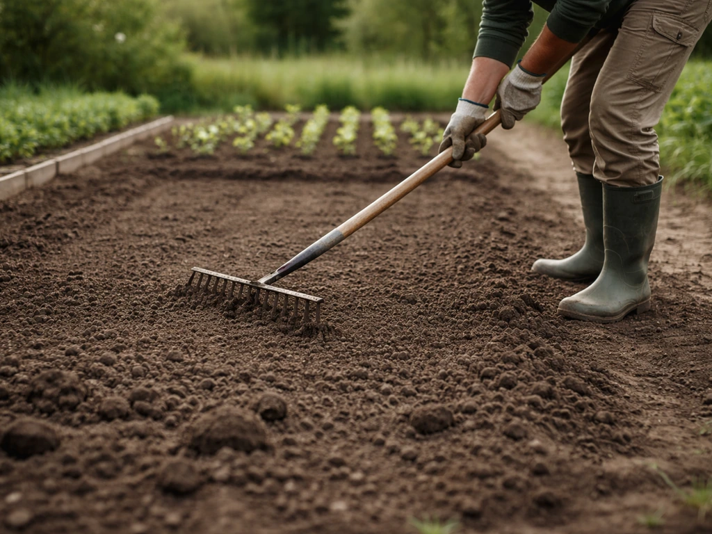 Personne bêchant et émiettant la terre dans un jardin potager, préparation du sol avec outils