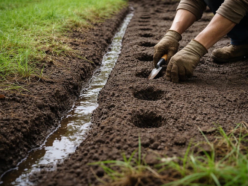Sol après une pluie avec une petite rigole et des trous de drainage pour éviter les flaques.