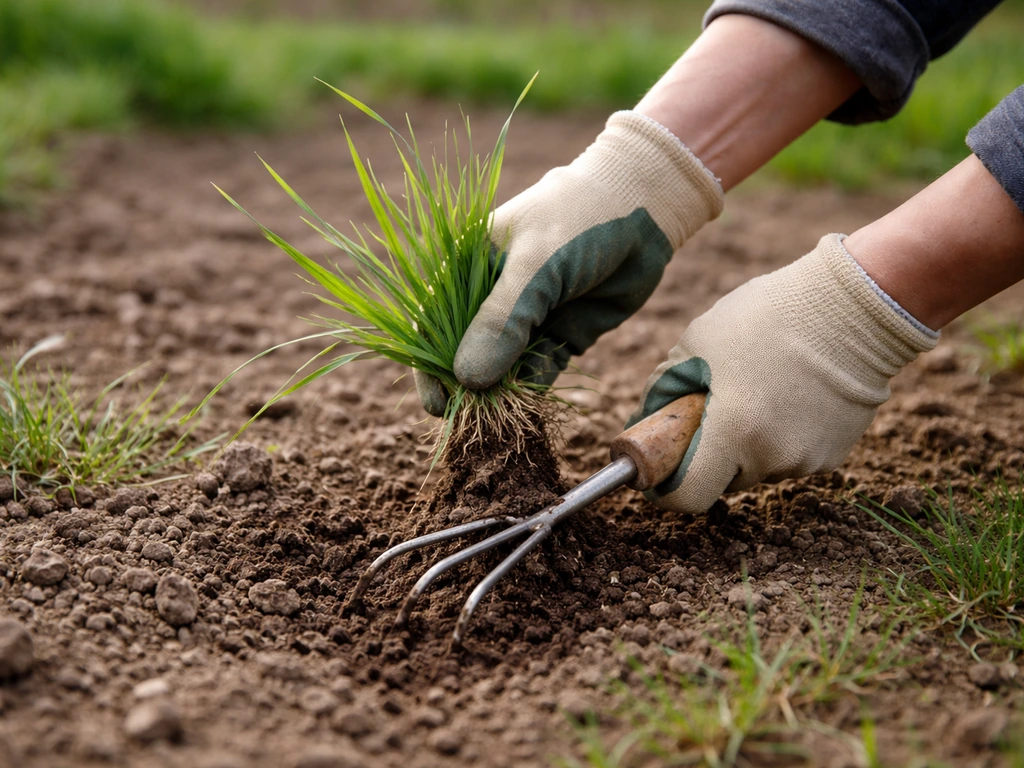 Mains gantées arrachent et grattent une touffe de mauvaise herbe avant floraison, dans un jardin.