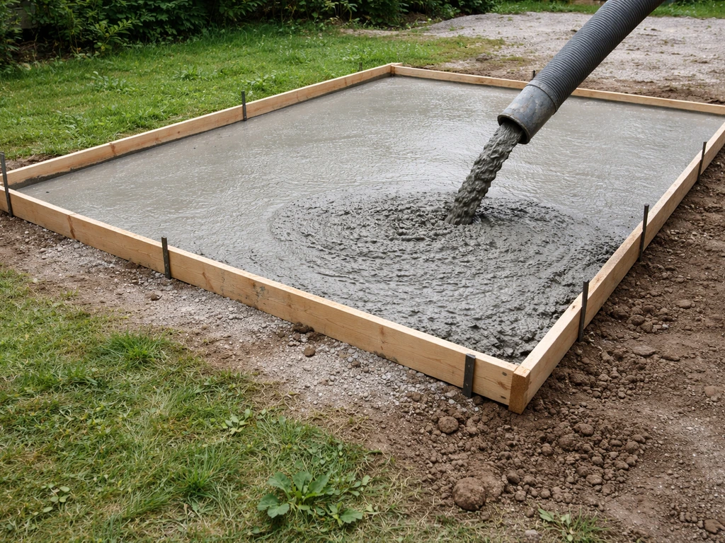 Dalle de béton fraîche en cours de coulage sur un jardin, coffrage en bois et sol préparé visible.