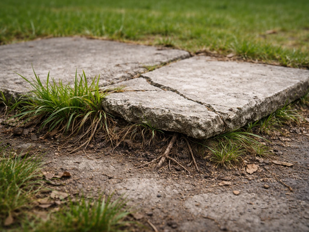 Dalle de béton fissurée et soulevée, herbe et racines qui percent au bord, sol détérioré.